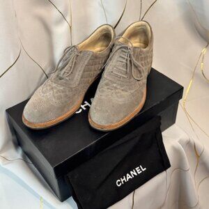 Chanel Grey Suede Quilted Brogue Oxfords | Size 41